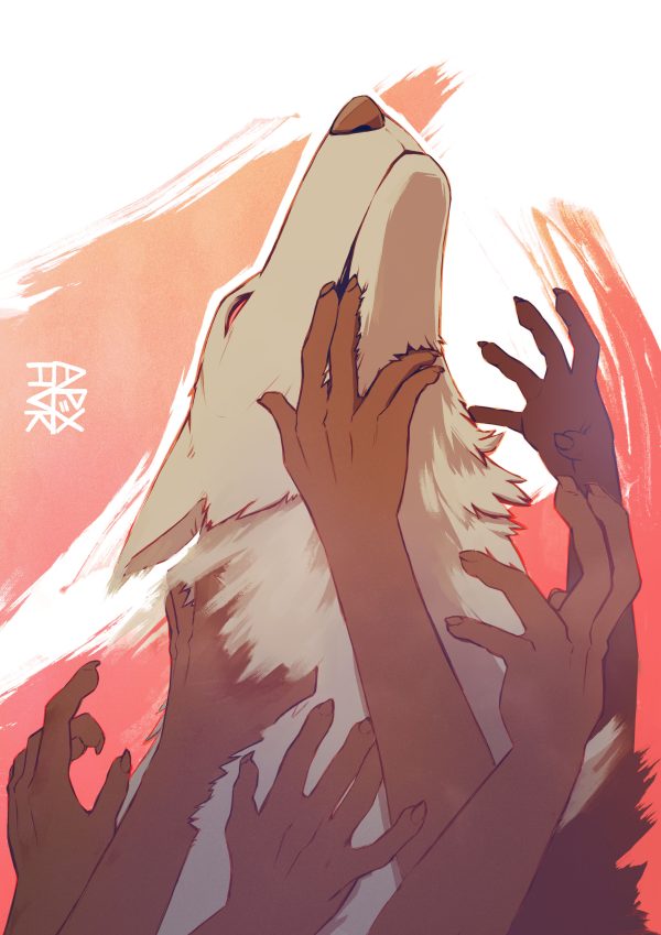A wolf defying being pulled down.