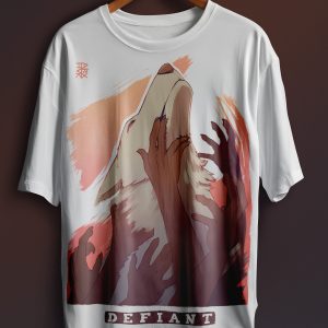 A t-shirt of a wolf defying being pulled down.